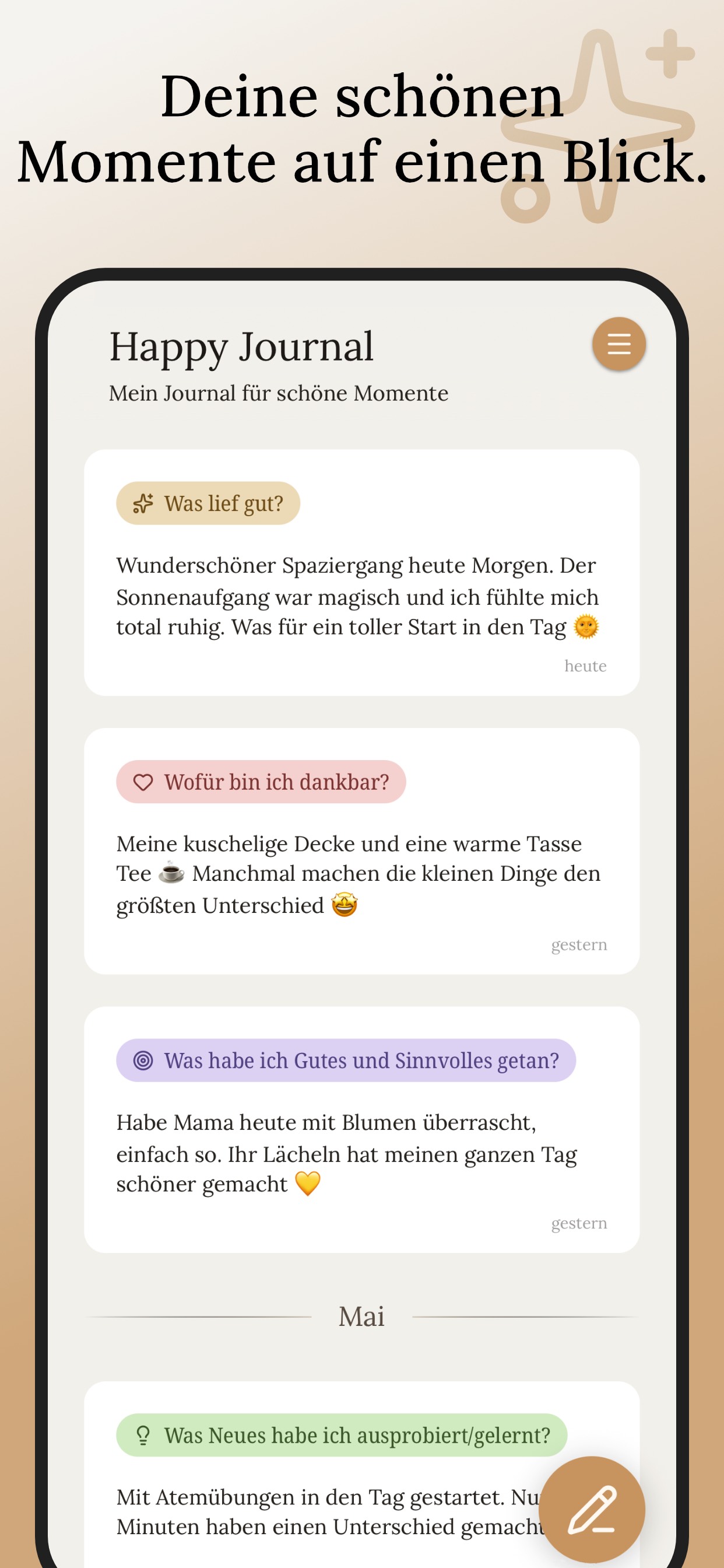 Happy Journal – Hauptansicht mit Einträgen