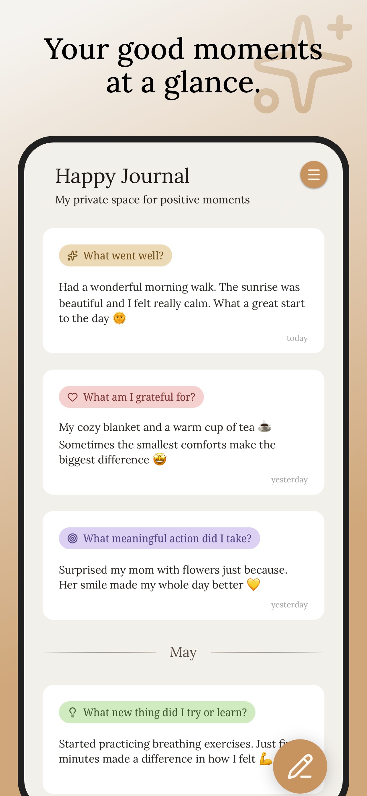 Happy Journal – Main view with entries