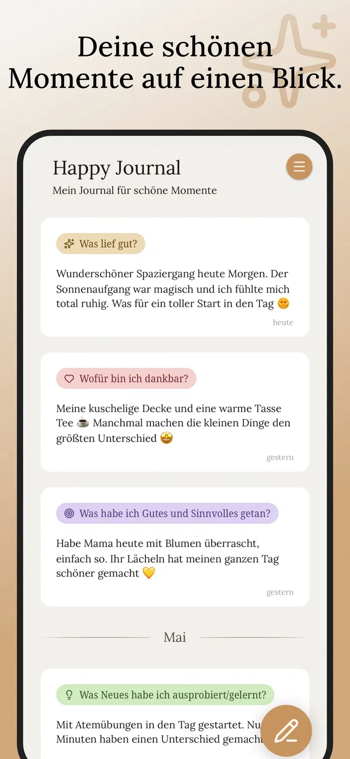 Happy Journal – Hauptansicht mit Einträgen